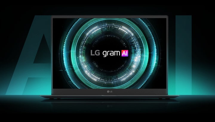 LG gram AI-Notebook, auf dem eine futuristische, leuchtende Nutzeroberfl?che zu sehen ist. Das Bild unterstreicht die Hybrid-AI-Funktionalit?t des Ger?ts mit On-Device- und Cloud-AI für verbesserte Produktivit?t.