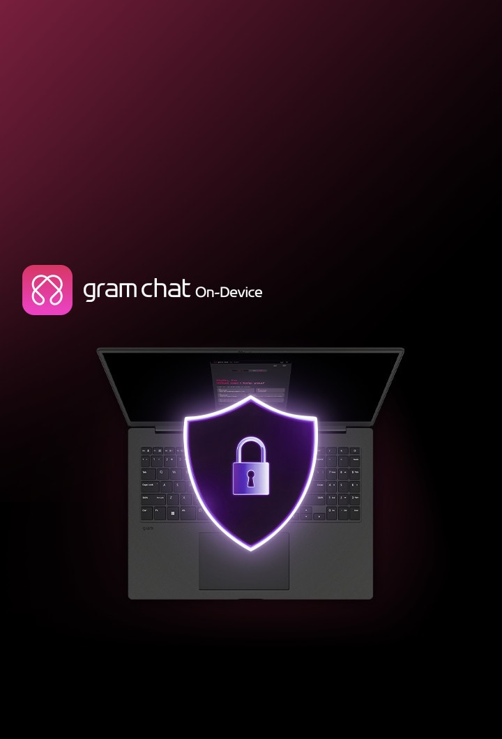 Ein LG gram Notebook mit der Nutzeroberfl?che für On-Device AI. Zu sehen ist ein Sicherheitsschild-Symbol, das Offline-AI-Funktionen für sicheres, effizientes Arbeiten auch ohne Internetzugang illustriert.