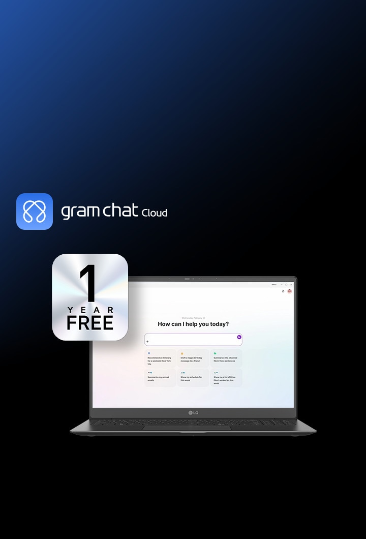 Zu sehen ist ein Notebook-Bildschirm mit der Nutzeroberfl?che von LG gram chat Cloud AI – angetrieben durch GPT-4o. Ebenfalls zu sehen mit ein WLAN-Icon und einem Button für ein ?1 Jahre kostenlos“-Angebot.