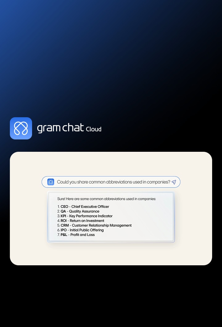 Der LG gram chat Cloud AI Chatbot beantwortet eine Suchanfrage zu g?ngigen Unternehmensabkürzungen. Die Antwort zeigt eine Liste von Gesch?ftsbegriffen.