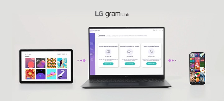 Ein Notebook mit der Nutzeroberfl?che von LG gram Link. Es wird dargestellt, wie das Notebook mit einem Tablet und einem Smartphone verbunden ist, um die Anzeige zu teilen, Dateien zu übertragen und die Ger?te über Betriebssysteme hinweg zu synchronisieren.