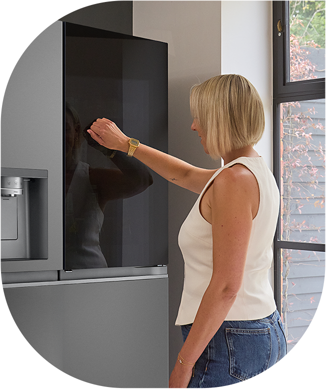 A woman using an LG InstaView refrigerator and a scene showing the inside of the refrigerator.