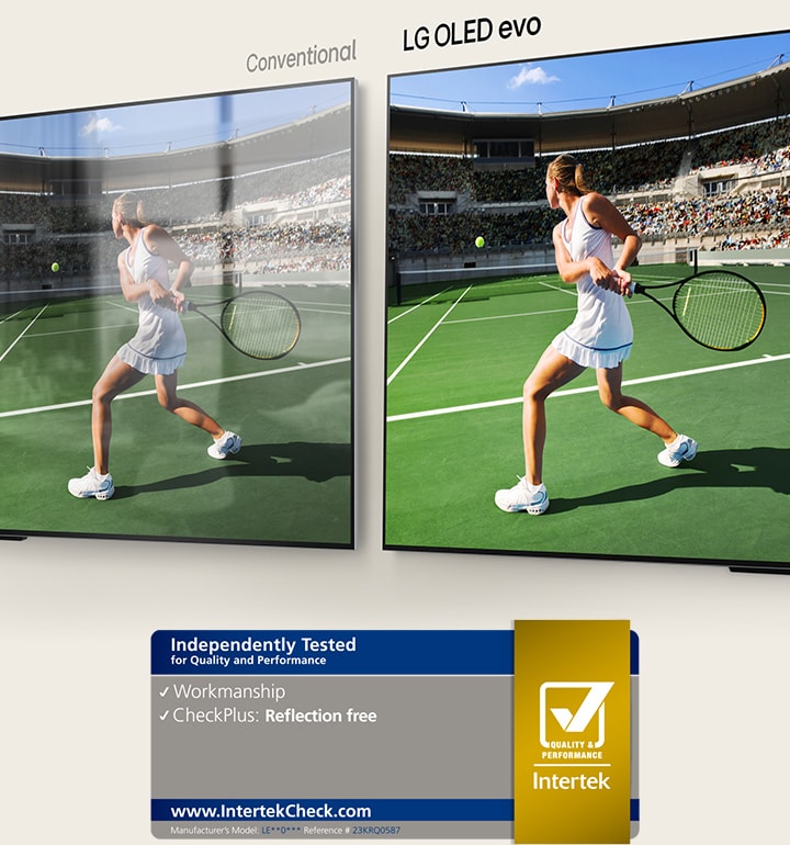 à gauche, un téléviseur conventionnel présentant un joueur de tennis dans un stade avec le reflet de la salle sur l’écran. à droite, la LG OLED evo M4 présente la même image d’un joueur de tennis dans un stade sans reflet de la pièce, et l’image semble plus lumineuse et plus colorée.