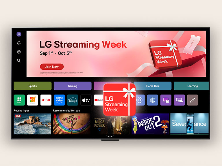 L’écran d’accueil webOS de LG est placé avec une case rouge qui dit ??LG Streaming Week??