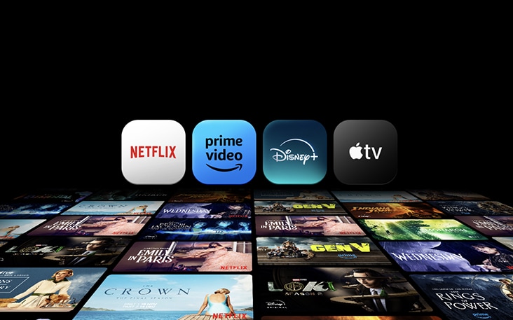 Ic?nes d’applications de diffusion OTT flottant au-dessus de diverses affiches de films.