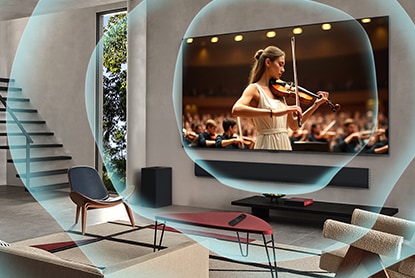 LG TV dans un salon avec des ondes sonores émanant du téléviseur, montrant comment AI sound optimise l’ensemble du son.