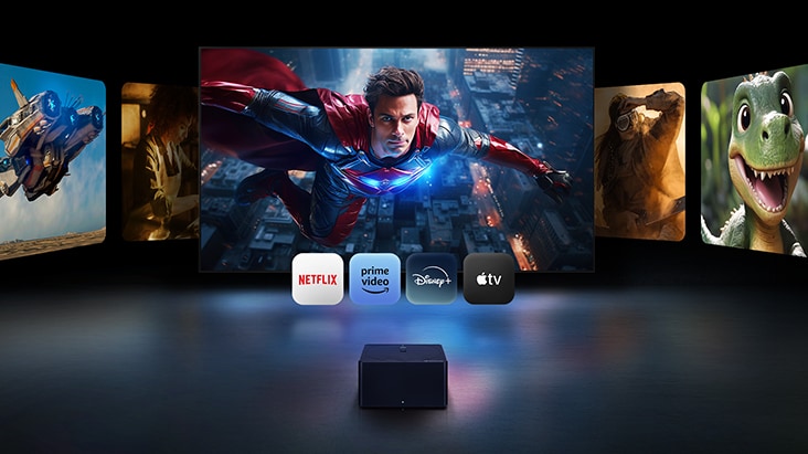 Différents écrans diffusant une variété de contenus 4K. Les logos des plateformes de diffusion en continu OTT sont également visibles. Netflix, Amazon Prime Video, Disney+ et Apple TV.