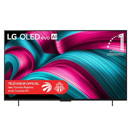 Vue avant du téléviseur Smart TV LG OLED evo AI C5 4K. L’emblème OLED 12?ans numéro?1 mondial et le logo LG OLED evo AI 2025 apparaissent sur l’écran.