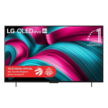 Vue avant du téléviseur Smart TV LG OLED evo AI C5 4K. L’emblème OLED 12?ans numéro?1 mondial et le logo LG OLED evo AI 2025 apparaissent sur l’écran.
