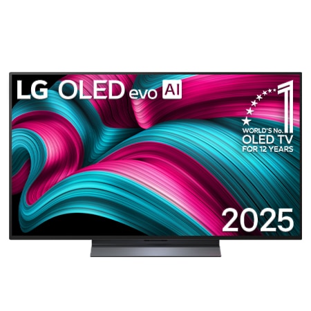 Vue avant du téléviseur Smart TV LG OLED evo AI C5 4K. L’emblème OLED 12?ans numéro?1 mondial et le logo LG OLED evo AI 2025 apparaissent sur l’écran.