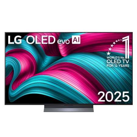 Vue avant du téléviseur Smart TV LG OLED evo AI C5 4K. L’emblème OLED 12?ans numéro?1 mondial et le logo LG OLED evo AI 2025 apparaissent sur l’écran.