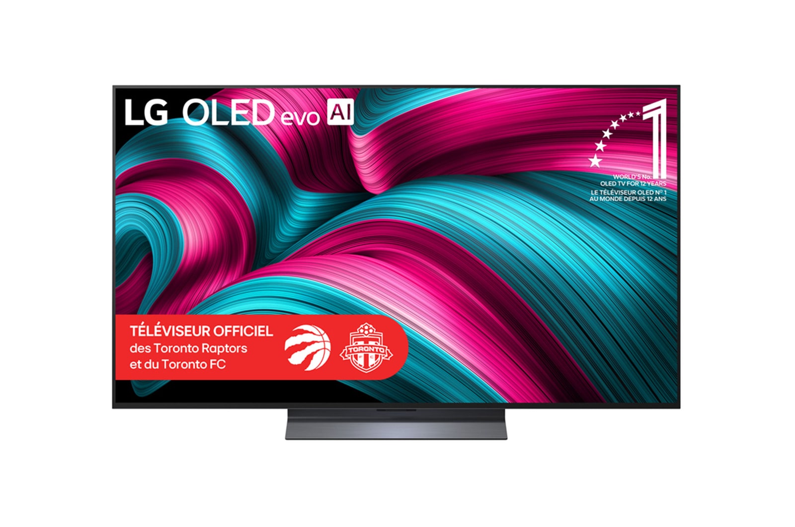 Vue avant du téléviseur Smart TV LG OLED evo AI C5 4K. L’emblème OLED 12?ans numéro?1 mondial et le logo LG OLED evo AI 2025 apparaissent sur l’écran.