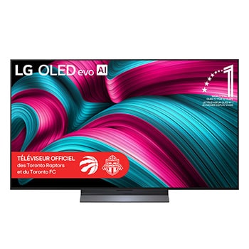 Vue avant du téléviseur Smart TV LG OLED evo AI C5 4K. L’emblème OLED 12?ans numéro?1 mondial et le logo LG OLED evo AI 2025 apparaissent sur l’écran.