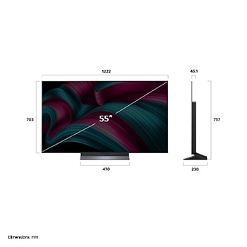 Vue avant et vue latérale du téléviseur smart 4K LG OLED evo C5 AI, illustrant ses dimensions en longueur, largeur, hauteur et profondeur.