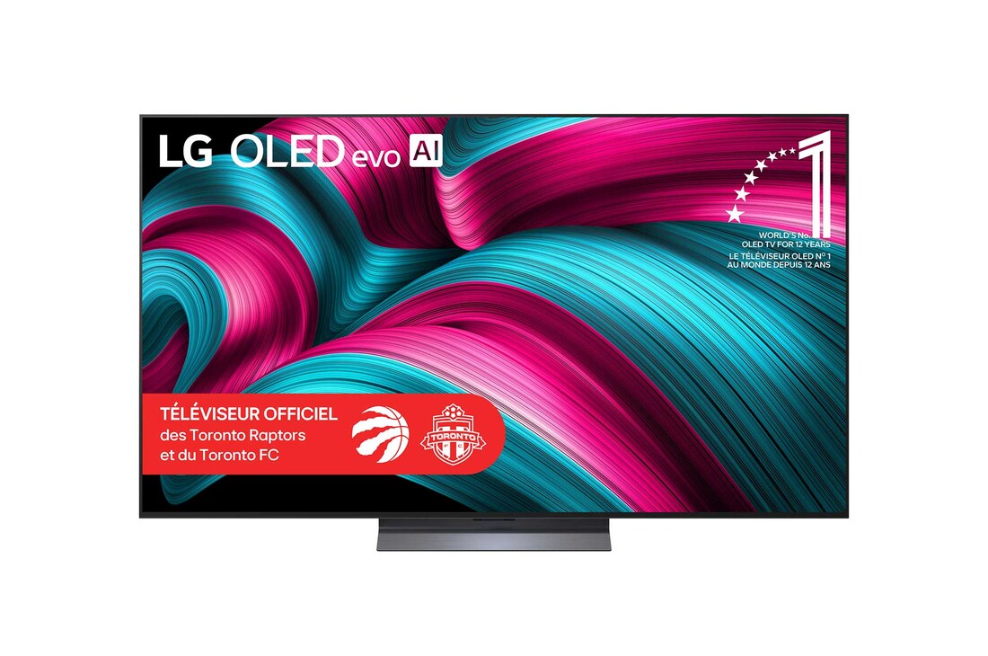 Vue avant du téléviseur Smart TV LG OLED evo AI C5 4K. L’emblème OLED 12?ans numéro?1 mondial et le logo LG OLED evo AI 2025 apparaissent sur l’écran.