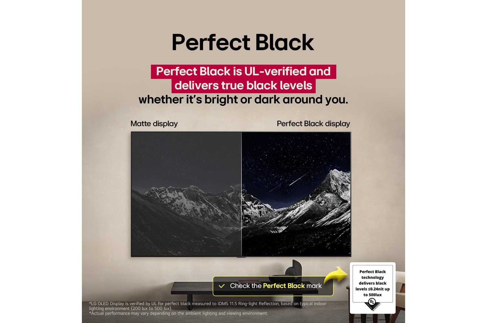 Salle de séjour équipée d’un LG OLED TV fixé au mur. Le téléviseur montre une cha?ne de montagnes sur fond de ciel sombre et étoilé. Cette scène est divisée en deux pour montrer comment des Noirs parfaits offrent des niveaux de noir authentiques, qu’il fasse clair ou sombre autour de vous. L’une des faces de la scène présente une version plus terne et grise du paysage étiqueté ??Matte display??. De l’autre c?té, l’image est plus agréable, avec une plus grande gamme dynamique de noirs et de blancs. Il s’agit de l’affichage ??Perfect Black?? (Noirs parfaits). La certification du logo est également visible, la technologie Noirs parfaits offre des niveaux de noir inférieurs ou égaux à 0,24?nit jusqu’à 500?lux. Une bulle de texte se trouve juste à c?té et indique qu’il faut vérifier la marque de certification Noirs parfaits.