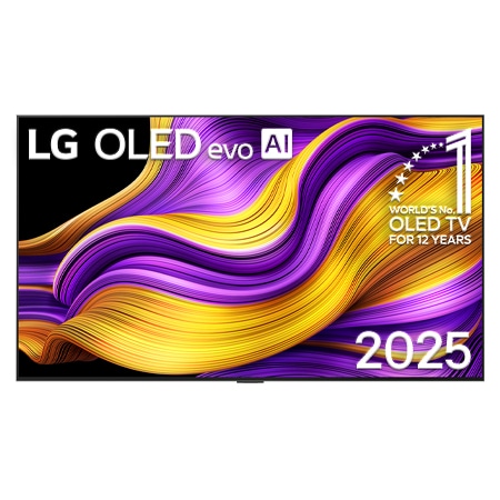 Vue avant du téléviseur Smart TV LG OLED evo AI G5 4K. L’emblème OLED 12?ans numéro?1 mondial et le logo LG OLED evo AI 2025 apparaissent sur l’écran.
