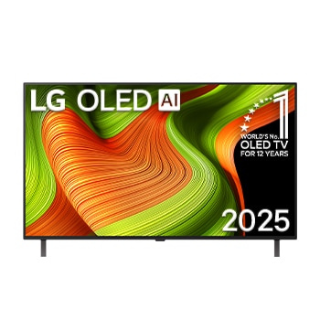 Vue avant du téléviseur Smart LG OLED AI B5 4K. L’emblème OLED 12?ans numéro?1 mondial et le logo LG OLED AI 2025 apparaissent sur l’écran.