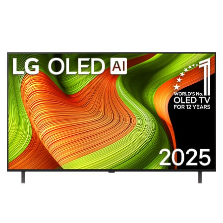 Vue avant du téléviseur Smart LG OLED AI B5 4K. L’emblème OLED 12?ans numéro?1 mondial et le logo LG OLED AI 2025 apparaissent sur l’écran.