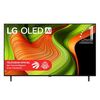 Vue avant du téléviseur Smart LG OLED AI B5 4K. L’emblème OLED 12?ans numéro?1 mondial et le logo LG OLED AI 2025 apparaissent sur l’écran.