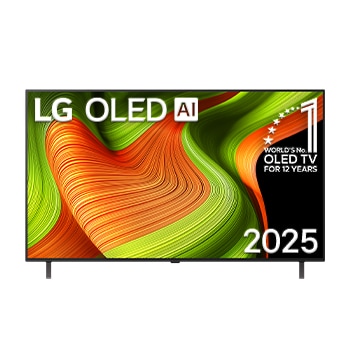 Vue avant du téléviseur Smart LG OLED AI B5 4K. L’emblème OLED 12?ans numéro?1 mondial et le logo LG OLED AI 2025 apparaissent sur l’écran.