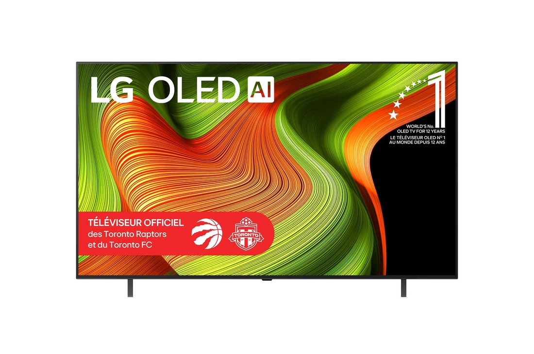Vue avant du téléviseur Smart LG OLED AI B5 4K. L’emblème OLED 12?ans numéro?1 mondial et le logo LG OLED AI 2025 apparaissent sur l’écran.