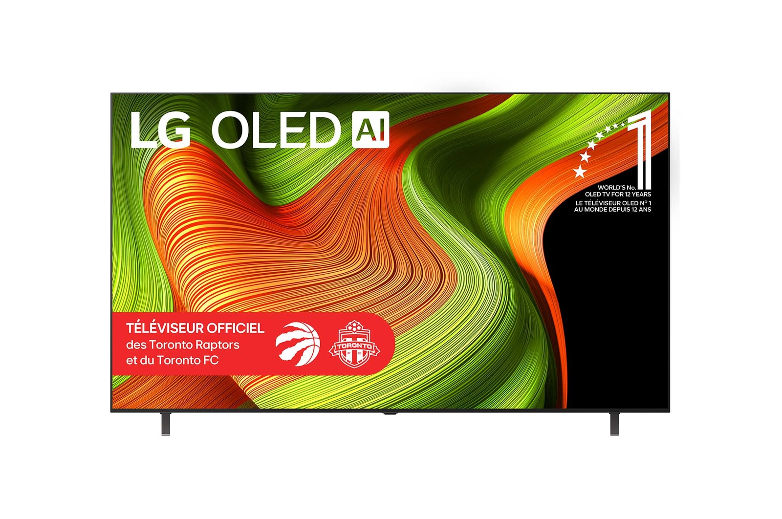 Vue avant du téléviseur Smart LG OLED AI B5 4K. L’emblème OLED 12?ans numéro?1 mondial et le logo LG OLED AI 2025 apparaissent sur l’écran.