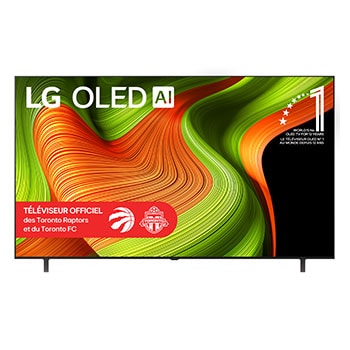 Vue avant du téléviseur Smart LG OLED AI B5 4K. L’emblème OLED 12?ans numéro?1 mondial et le logo LG OLED AI 2025 apparaissent sur l’écran.