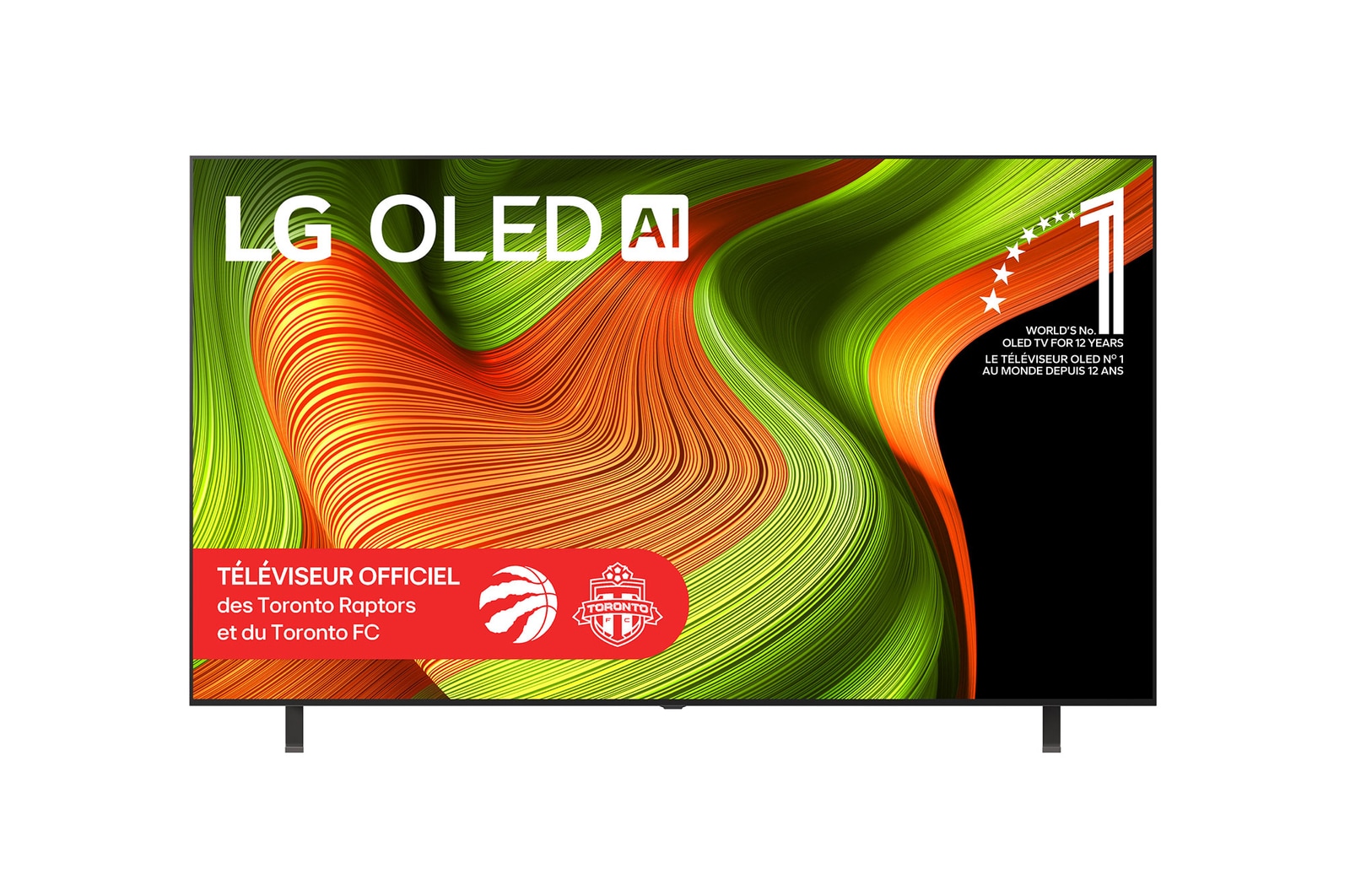 Vue avant du téléviseur Smart LG OLED AI B5 4K. L’emblème OLED 12?ans numéro?1 mondial et le logo LG OLED AI 2025 apparaissent sur l’écran.