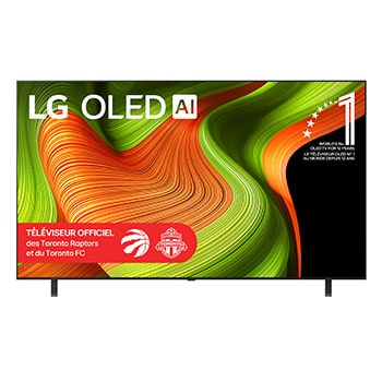 Vue avant du téléviseur Smart LG OLED AI B5 4K. L’emblème OLED 12?ans numéro?1 mondial et le logo LG OLED AI 2025 apparaissent sur l’écran.