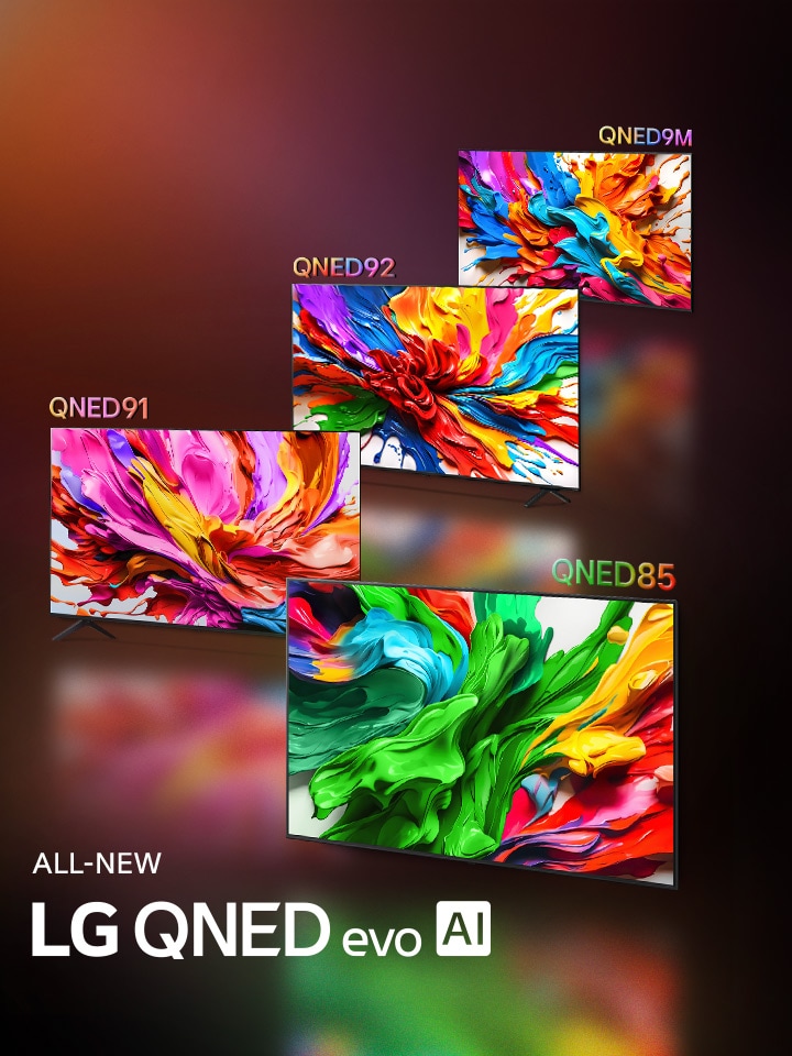 Les téléviseurs LG QNED92 et LG QNED85 sont placés c?te à c?te. Une ?uvre d'art colorée met en évidence la nouvelle technologie de reproduction des couleurs vives et vibrantes des téléviseurs LG QNED, affichée sur leurs écrans. Le TOUT NOUVEAU logo LG QNED evo AI est également visible.