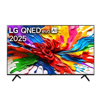 Vue avant du téléviseur LG QNED evo QNED92, avec le logo LG QNED evo AI dans le coin supérieur. Le téléviseur LG QNED evo présente des textures colorées rappelant une peinture en mouvement.