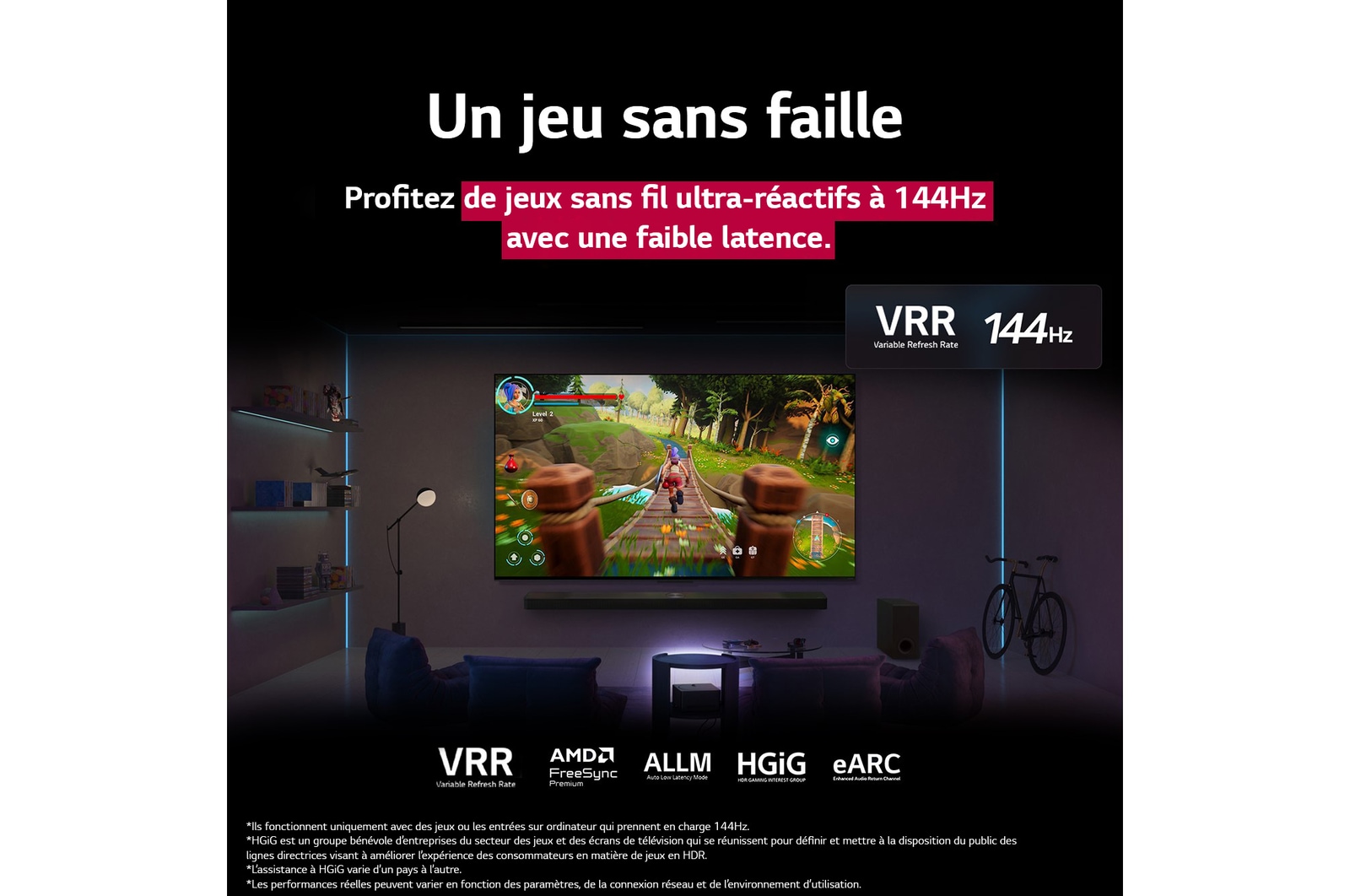 Un salon faiblement éclairé avec un écran de jeu représenté sur le QNED9M. La bo?te Zero Connect se trouve à l’intérieur d’une table basse. Le texte parle de jeux sans fil ultra-réactifs à 144Hz avec une faible latence.