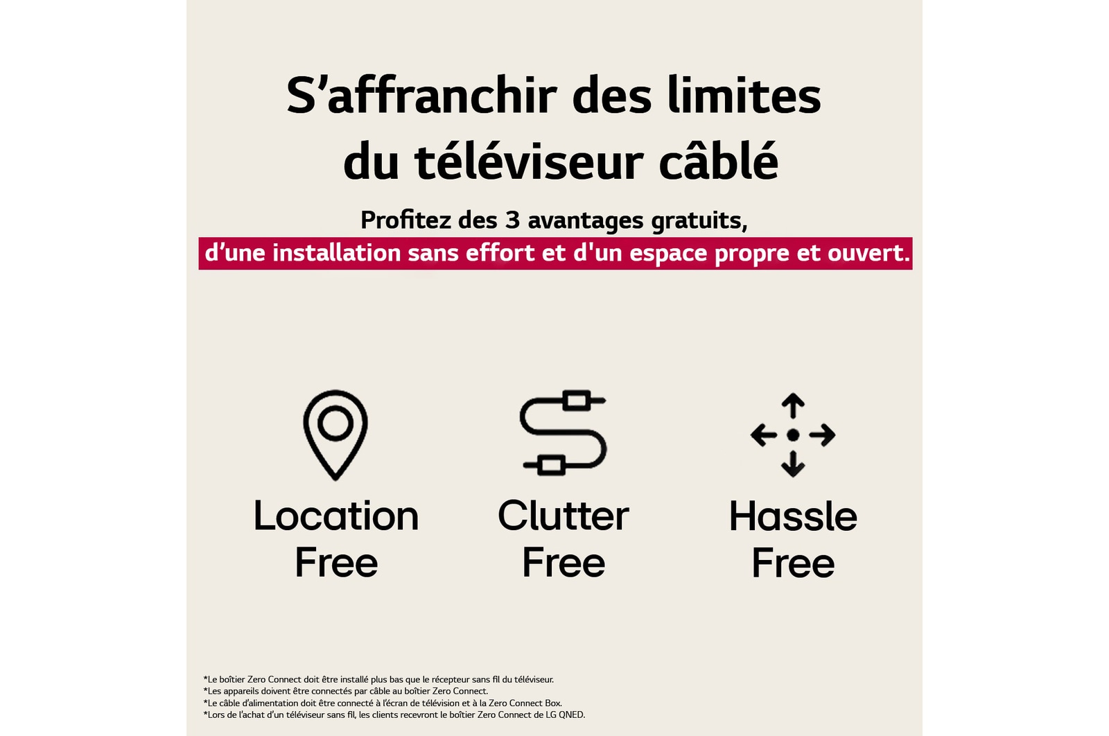 Trois ic?nes représentant les trois avantages gratuits du téléviseur sans fil de LG. Sans emplacement, sans encombrement, sans tracas. Le texte parle de s’affranchir des limites du téléviseur filaire et de profiter d’une installation sans effort et d’un espace propre et ouvert.