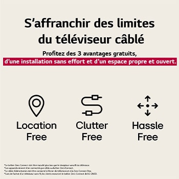 Trois ic?nes représentant les trois avantages gratuits du téléviseur sans fil de LG. Sans emplacement, sans encombrement, sans tracas. Le texte parle de s’affranchir des limites du téléviseur filaire et de profiter d’une installation sans effort et d’un espace propre et ouvert.