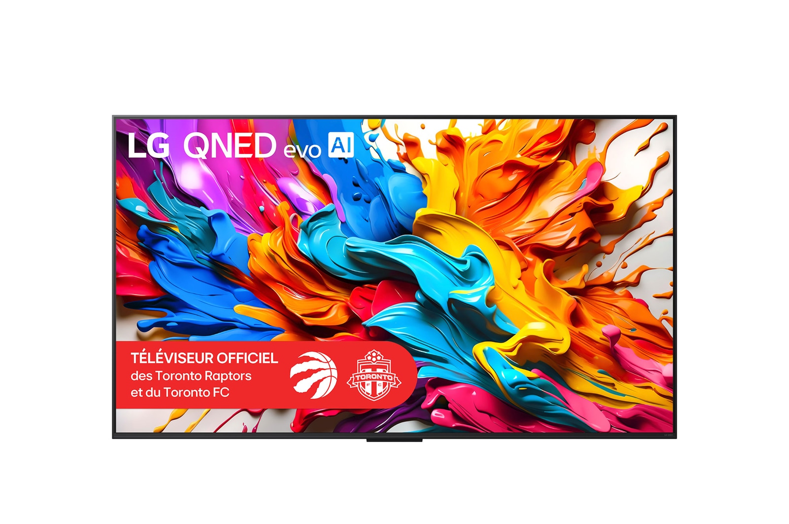 Vue de face du téléviseur LG QNED evo AI QNED9M Logo LG QNED evo AI dans le coin supérieur. Le téléviseur LG QNED evo présente des textures colorées rappelant une peinture en mouvement. La bo?te Zero Connect dans le coin avec le titre?: bo?tier Zero Connect avec transfert vidéo et audio sans fil 4K 144Hz.