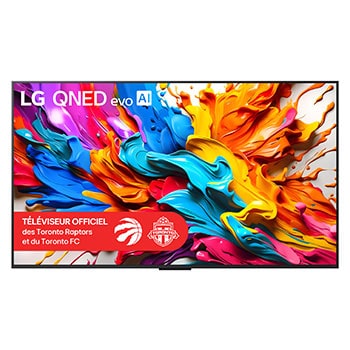 Vue de face du téléviseur LG QNED evo AI QNED9M Logo LG QNED evo AI dans le coin supérieur. Le téléviseur LG QNED evo présente des textures colorées rappelant une peinture en mouvement. La bo?te Zero Connect dans le coin avec le titre?: bo?tier Zero Connect avec transfert vidéo et audio sans fil 4K 144Hz.