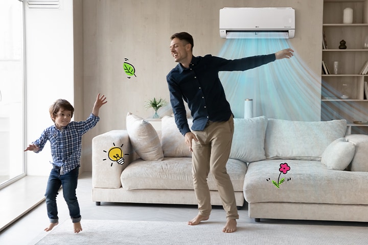 Le climatiseur est activé derrière un père et un fils heureux, et on aper?oit des ampoules et des feuilles qui représentent l’énergie autour d’eux.