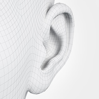 Un dessin d’une oreille. Un dessin d’une oreille avec trois points noirs et blancs pour montrer le repérage. Un dessin d’une oreille avec un écouteur à l’intérieur pour montrer l’adaptation virtuelle. Un dessin d’une oreille avec des points et des lignes noirs pour montrer l’analyse ergonomique.