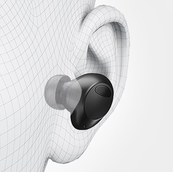 Un dessin d’une oreille. Un dessin d’une oreille avec trois points noirs et blancs pour montrer le repérage. Un dessin d’une oreille avec un écouteur à l’intérieur pour montrer l’adaptation virtuelle. Un dessin d’une oreille avec des points et des lignes noirs pour montrer l’analyse ergonomique.