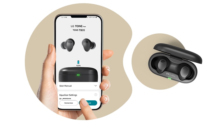 Une image de l’application TONE?Free. La vue de dessus des écouteurs?T80S est placée juste à c?té.