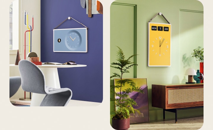 Différents espaces de vie avec des écrans LG StanbyME 2. Des horloges et calendriers aux thèmes variés sont affichés sur les écrans.