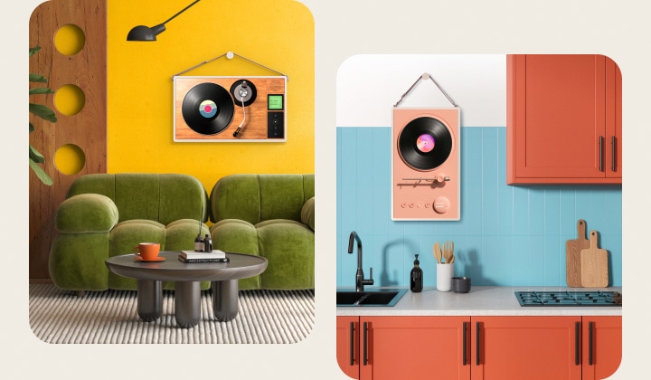 Différents espaces de vie avec des écrans LG StanbyME 2 accrochés au mur. Une ?uvre d’art représentant une platine vinyle est affichée sur chaque écran.