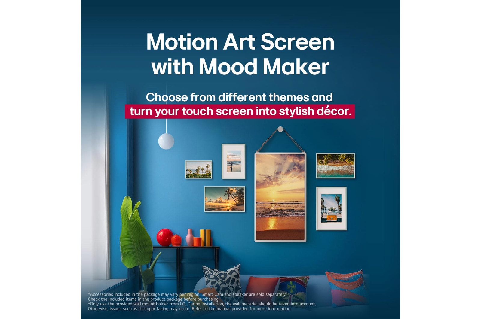 Le LG StanbyME 2 est accroché au mur pour mettre en valeur son écran Motion Art. La fonction Mood Maker est activée. Une ?uvre d’art est affichée, illustrant comment l’appareil peut devenir un élément décoratif élégant dans n’importe quel espace.