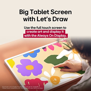 LG StanbyME 2 est posé sur une table. Let’s Draw est en cours d’utilisation. Une personne crée une ?uvre d’art en utilisant uniquement son doigt et l’écran tactile. Le texte explique comment vous pouvez utiliser votre écran comme une toile numérique et afficher vos ?uvres grace à la fonction Toujours à l’écran (Always On Display).