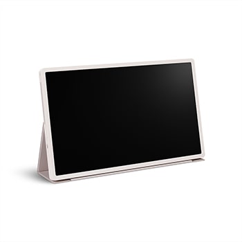 LG StanbyME 2 posé en mode tablette grace à la housse folio.