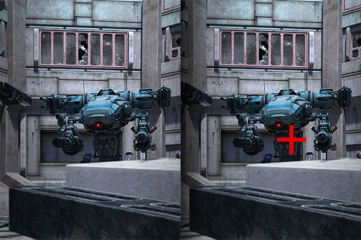 Comparaison de la fonction Réticule?– L’image de gauche présente la fonction Réticule désactivée, et l’image de droite activée.	
