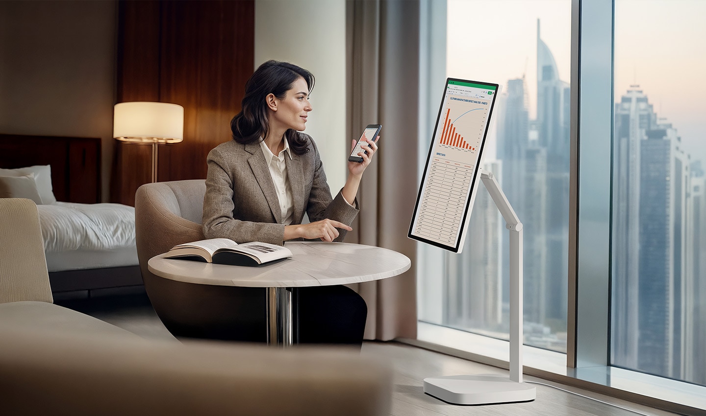 Une femme consulte un graphique sur un LG Smart Monitor Swing dans une chambre d’h?tel.