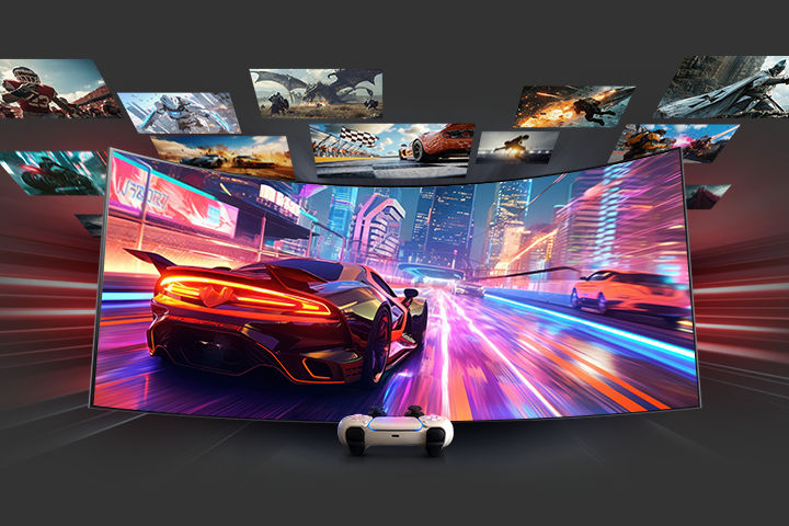 Un moniteur gaming incurvé affiche un jeu de course mettant en scène une supercar rouge dans une ville illuminée par des néons. D’autres scènes du jeu flottent autour de l’écran. Une manette de console blanche est placée à l’avant, mettant en valeur le jeu sur console.