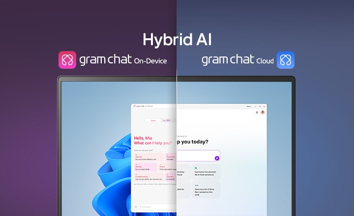 Image en écran partagé illustrant ? Hybrid AI ? avec deux modes distincts : ? gram chat On-Device ? à gauche, représenté par une ic?ne rose, et ? gram chat Cloud ? à droite, représenté par une ic?ne bleue. L’écran affiche une interface d’IA, symbolisant le fonctionnement fluide de l’intelligence artificielle dans les deux modes.